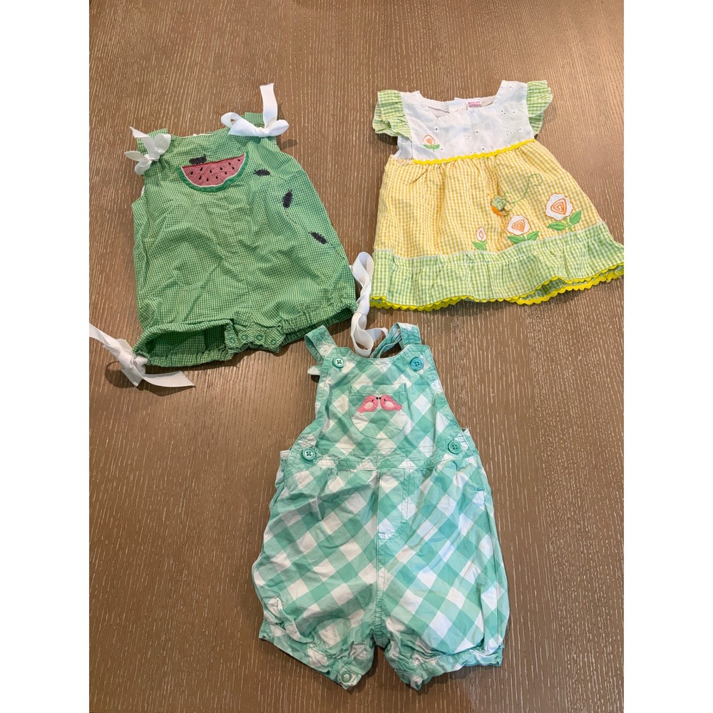 Baby Girls 6M-9M Summer Outfit Lot Watermelon Gingham Romper Dress Overalls